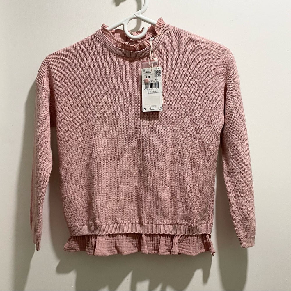 New Mango Girls 2 in 1 Look Pink Gauze Ruffled Neck Top Cotton Sweater  7-8